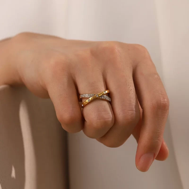 18K Gold Plated Stainless Steel Double Layer Zircon X Cross Opening Rings Jewelry Gift for Women - Image 3