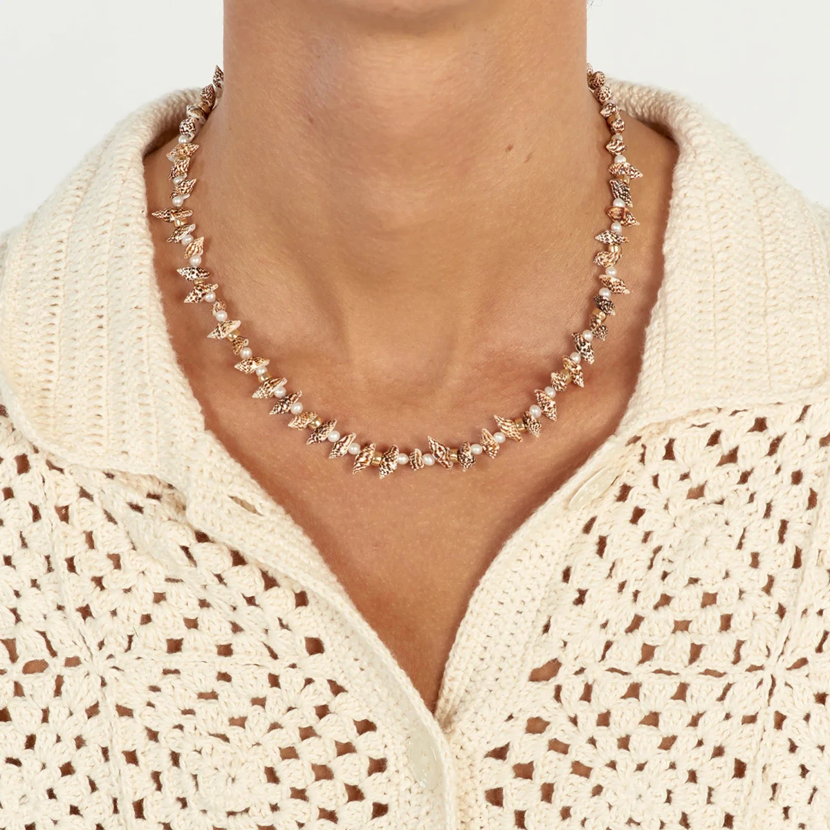 J&D 18K Gold Plated Stainless Steel Full Strand Small Conch Pearl Steel Bead Necklace, 38cm+5cm
