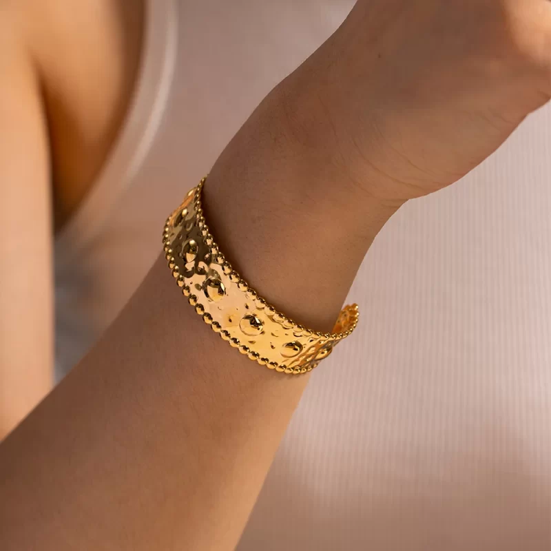 Droplet Arrangement Style Wide and Thick Bangle Stainless Steel 18K Gold-plated Open Bracelet for Girls - Image 2