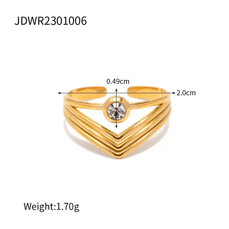 Charm Stainless Steel 18K Gold Plated Opening Ring Gift Cubic Zirconia Mulit Layer V Shaped Rings - Image 6