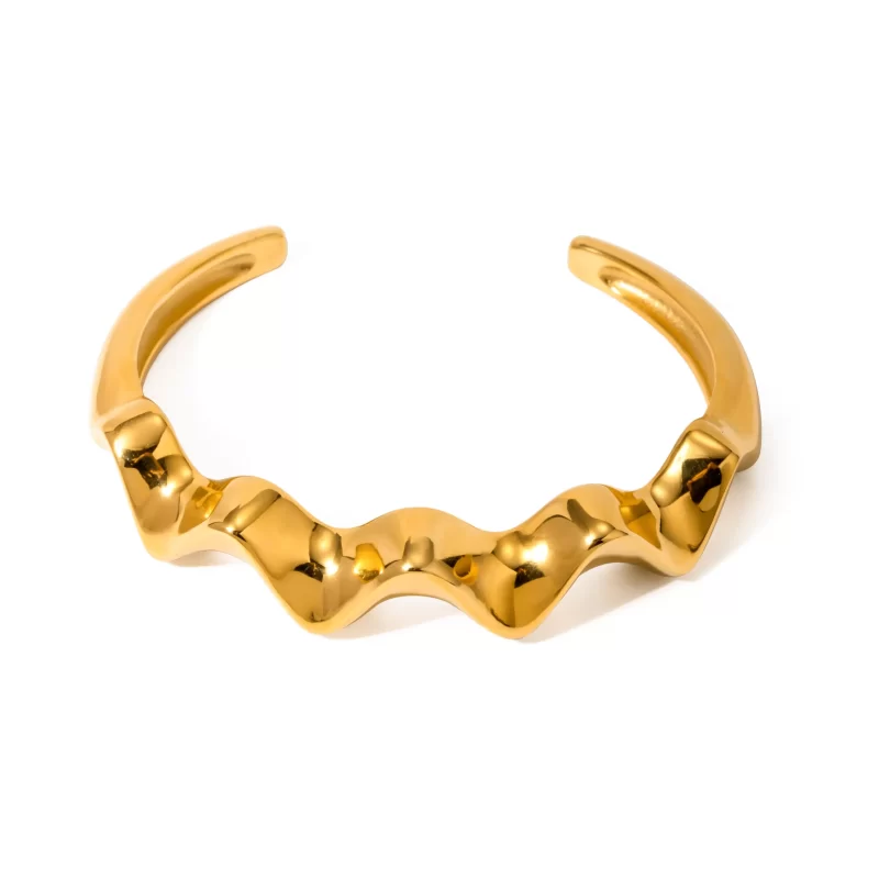 J&D Jewelry Wave Irregular Cuff Bangle 18K Gold Plated Stainless Steel Opening Bangle for Ladies and Gift