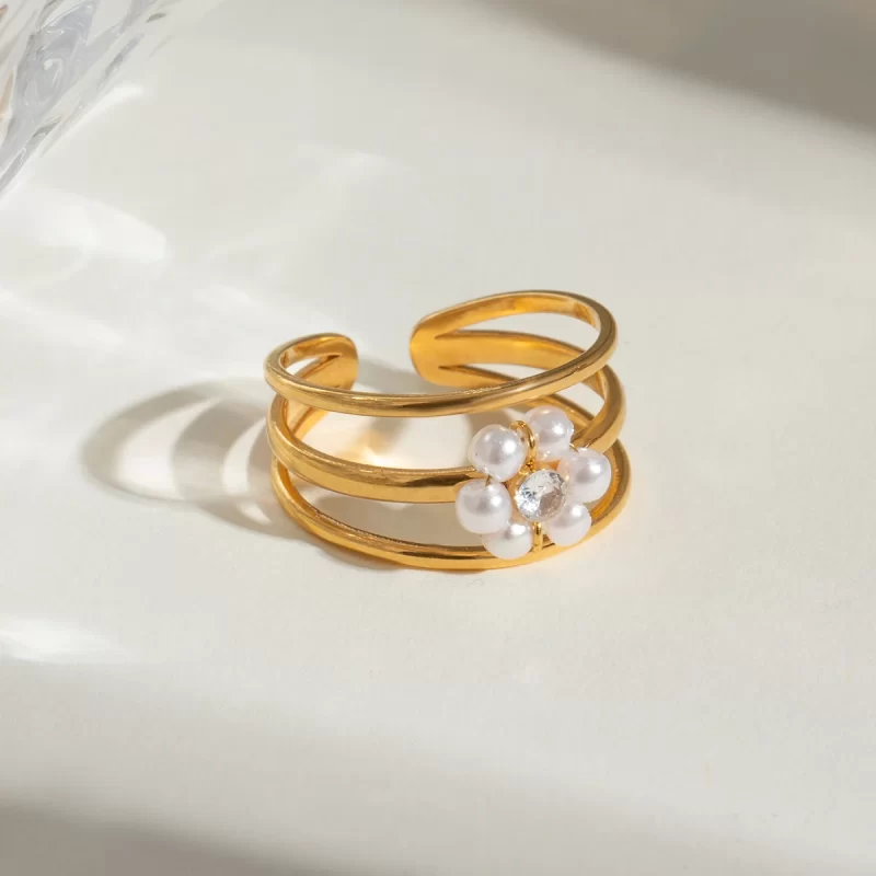 J&D 18k Stainless Steel Real Gold Plated Faux Pearl Three Layer Hollow Floral Adjustable Ring for Decoration - Image 2