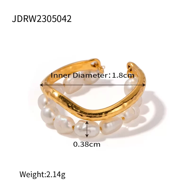 Freshwater Chain Pearl Opening Ring 18K PVD Gold Plated Stainless Steel Link Chain Natural Pearl Ring for Women - Image 5
