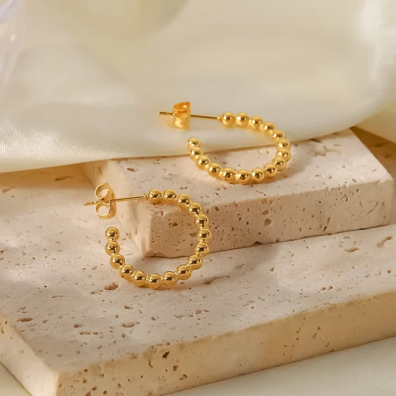 Small Round Beads Gold Plated C-shaped Earrings Stainless Steel Jewelry Stud Earrings for Gift - Image 5