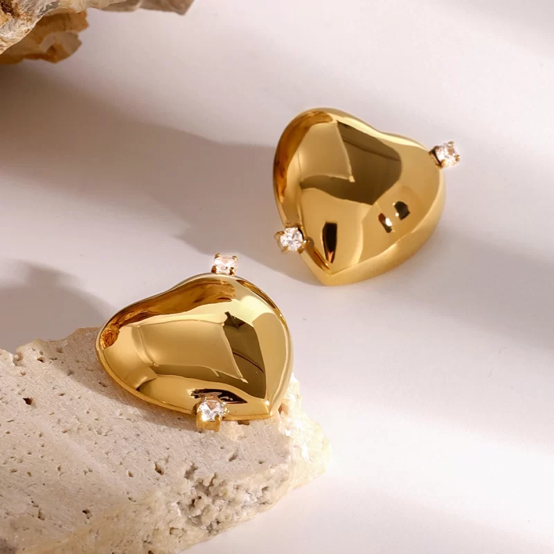 18k Gold Stainless Steel Jewelry Gold Polished Rhinestone Heart Earrings - Image 4