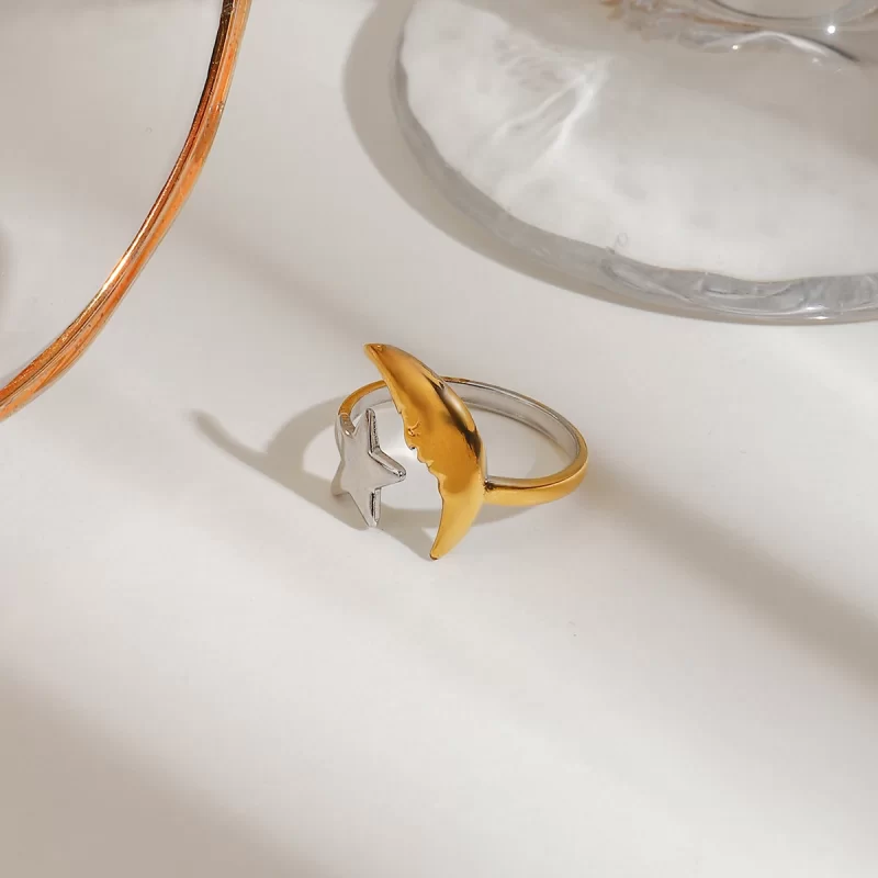 J&D 18k Gold Plate Stainless Steel Trendy Minimalist Moon Star Ring Resizable Jewelry Adjustable Ring - Image 3