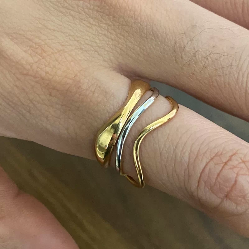J&D Women's Two Tone Stainless Steel Ring 18K Gold PVD Plated Waterwave Liner Opening Finger Ring Engagement Party Anniversary - Image 2