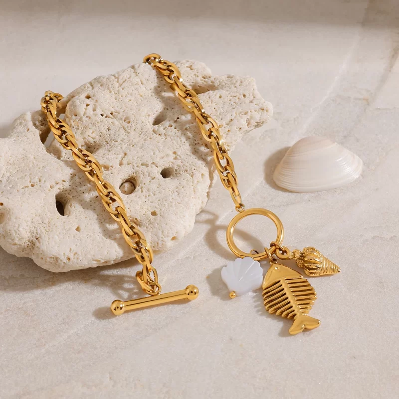 J&D Summer Holiday Style 18K Gold Stainless Steel Fishbone Conch Shell Pendant OT Buckle Bracelets - Image 5