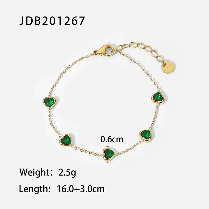 14K Gold Plated Stainless Steel Fine Chain Jewelry Gift Charm Mulit Green Heart Cubic Zirconia Bracelet - Image 6