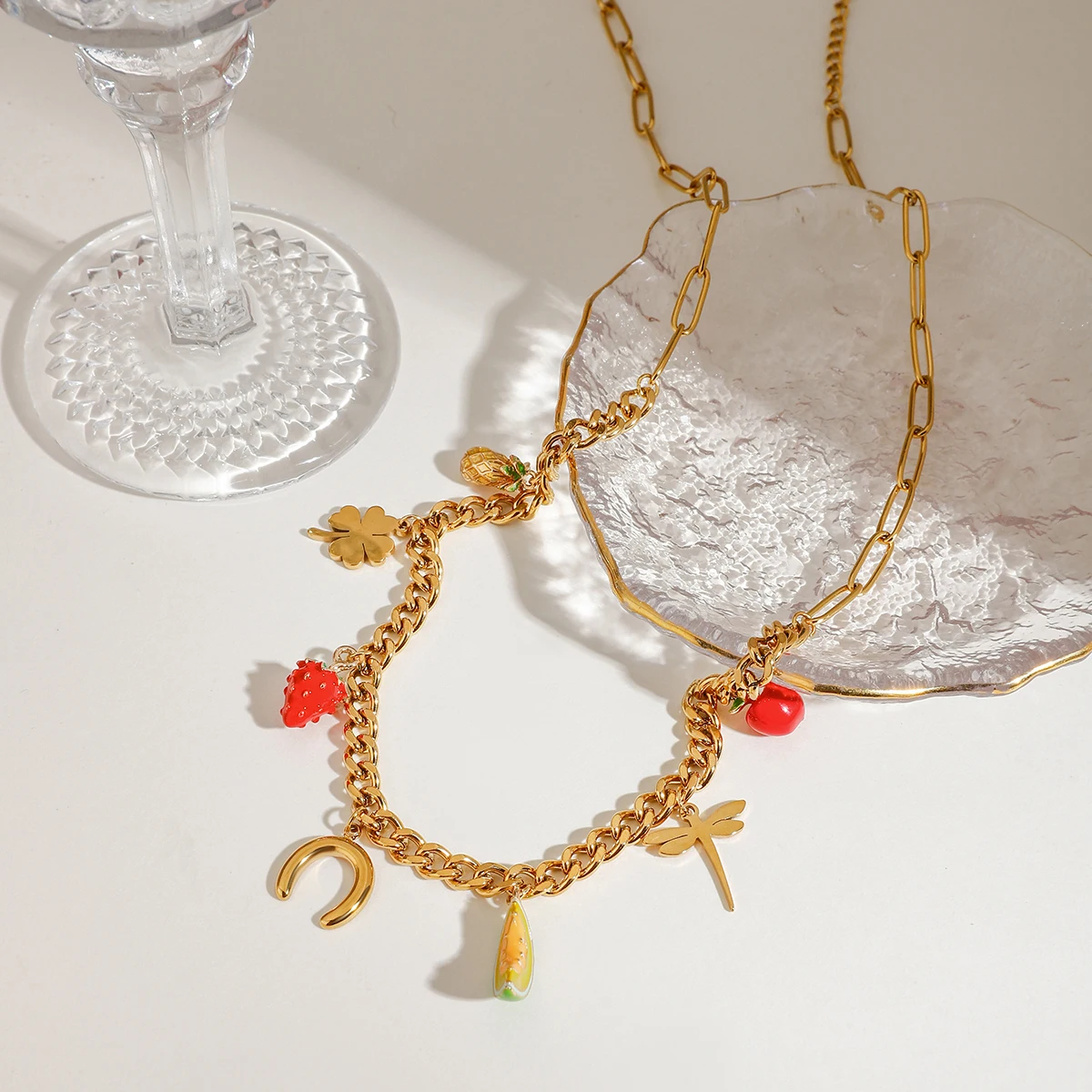 J&D Luxury Gold-Plated Stainless Steel Pendant Necklace Trendy Fruit Pattern Design Meaningful Women's Gift Jewelry
