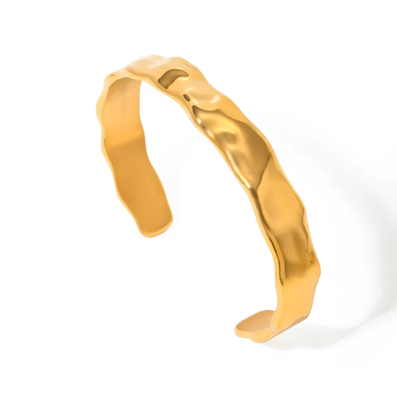 J&D 18k Gold Stainless Steel Textured Surface Open Bangle Bracelet