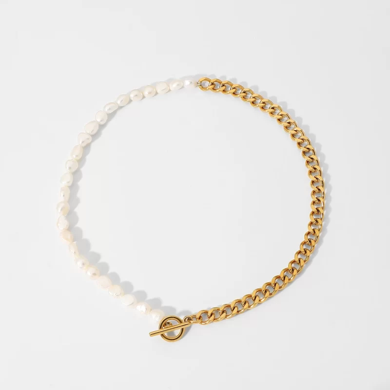 Casual Pearl Necklace OT Buckle Cuban Chain Necklace Stainless Steel Half Cuban Chain Half Freshwater Pearl Connected Necklace - Image 5