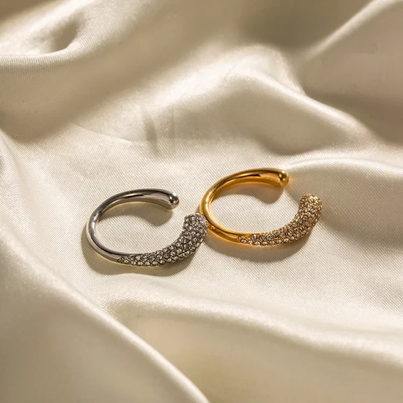 Irregular Waterdop Shiny Small Cubic Zirconia 18K Silver Gold Plated Stainless Steel Adjustable Rings - Image 3