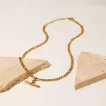Tarnish Free 18K Figaro Chain T-bar Pendant Necklace Stainless Steel T-bar Necklace for Women