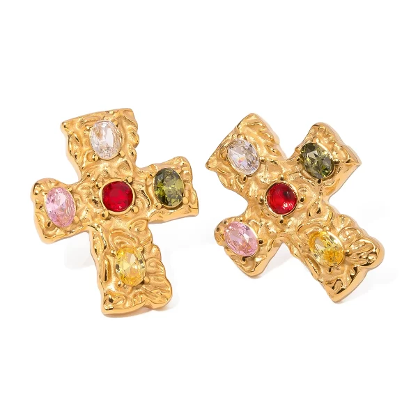 Original 18k Gold Stainless Steel Vintage Matte Gold Cross Earrings Multicolor Zircon Hoop Trendy Style Gold Plated