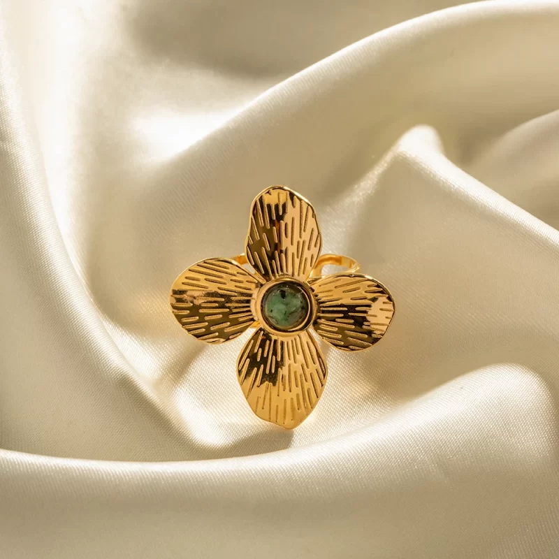 J&D Designer 18K Gold Plated Rings Stainless Steel Anti-Tarnish Charm Flower Turquoise Opening Rings - Image 2