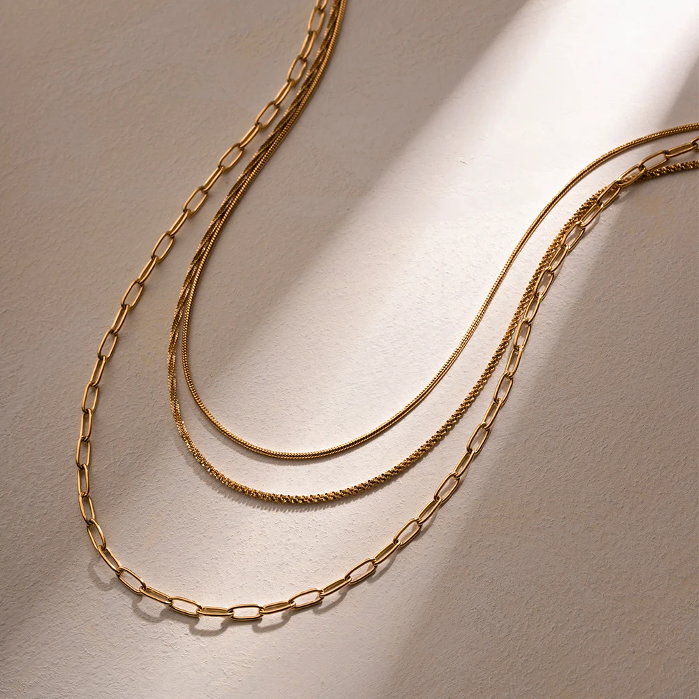 J&D New Arrival Stainless Steel Simple Design Minimalist Chain Layered Necklace Set for Women