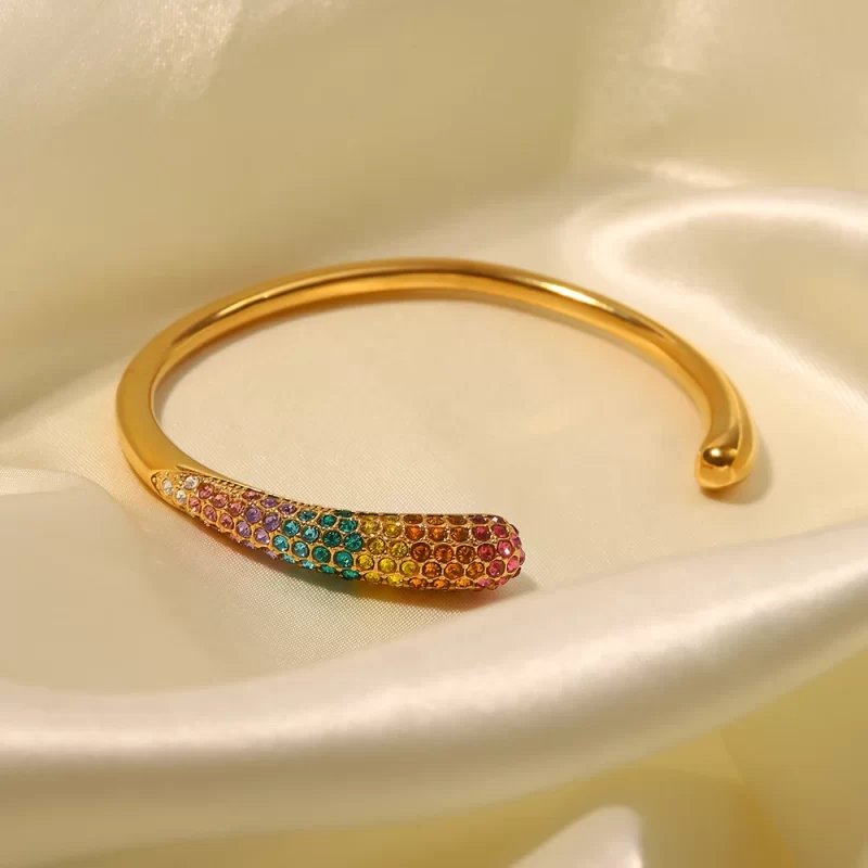Colorful Zircon Inlaid Stainless Steel 18K Gold-plated Open Bangle Fashion Jewelry Rainbow Bracelet for Women - Image 3