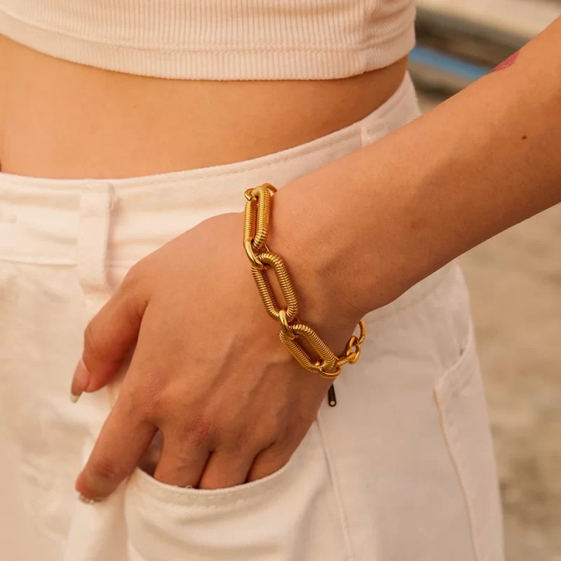 Paper Clip Chain Bracelet 18k PVD Gold Plated Stainless Steel Texture Punk Chain Stitching Bracelet for Women - Image 2