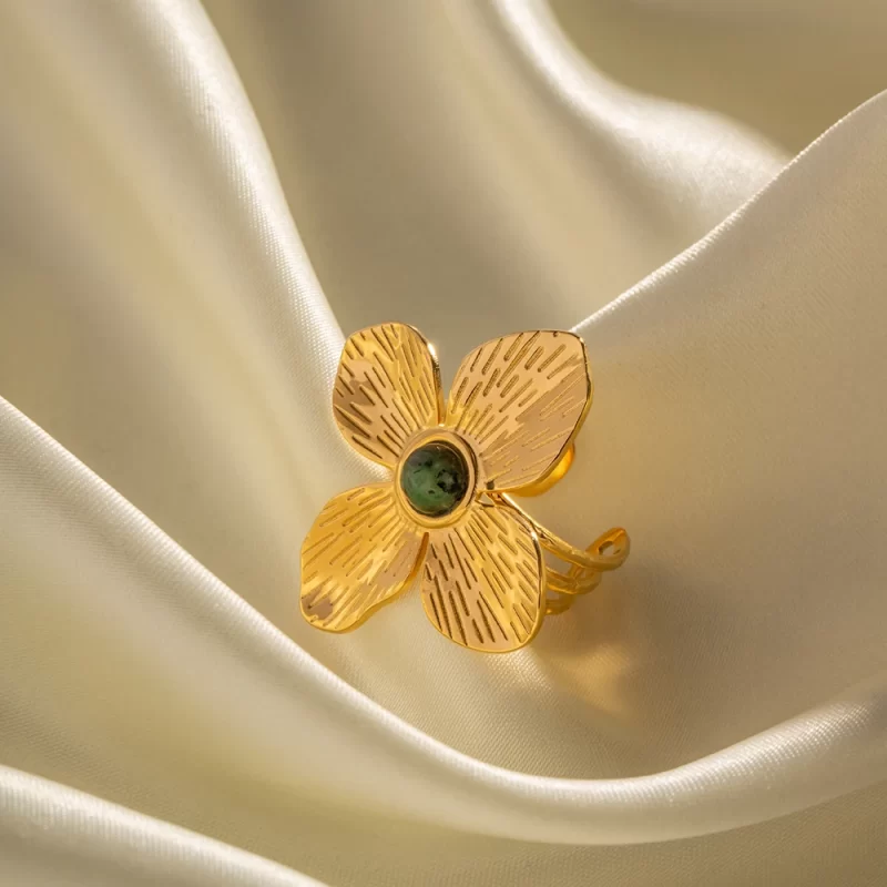 J&D Designer 18K Gold Plated Rings Stainless Steel Anti-Tarnish Charm Flower Turquoise Opening Rings - Image 3