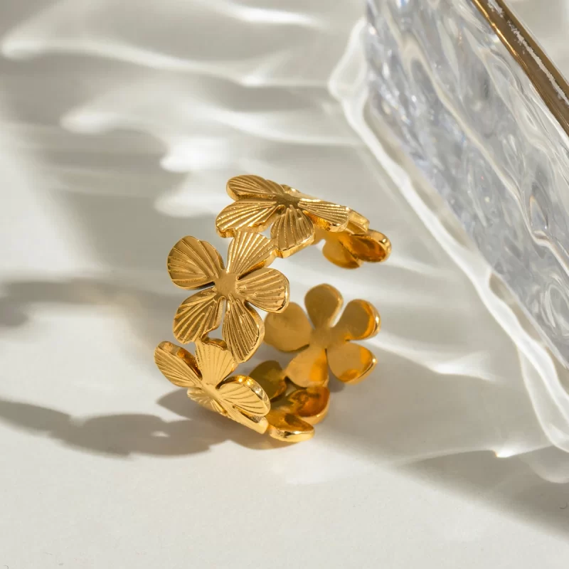 Waterproof 18k Gold Plated Stainless Steel Jewelry Five Petal Ribbed Flower Adjustable Open Ring - Image 4