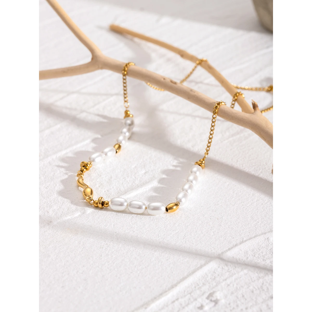 18K Gold Stainless Steel Glass Pearl Oval Pearl Smooth 45+5cm Wave Straight Women Necklace