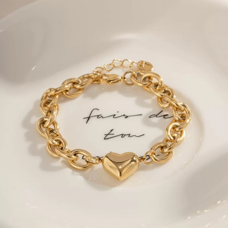 Instagram New Trendy 14K Real Gold Plated Stainless Steel Jewelry Love Heart Pendant Chain Bracelet - Image 3