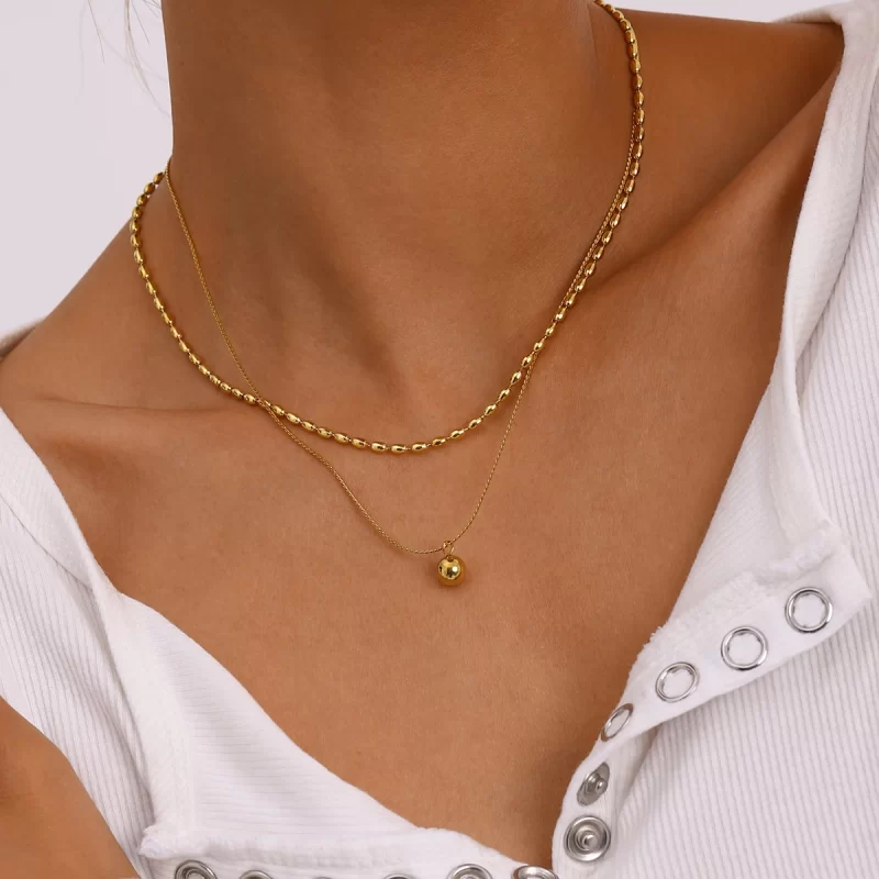 18k gold stainless steel/smooth small steel ball pendant rice ball chain double-layer necklace 40/45+5cm - Image 5