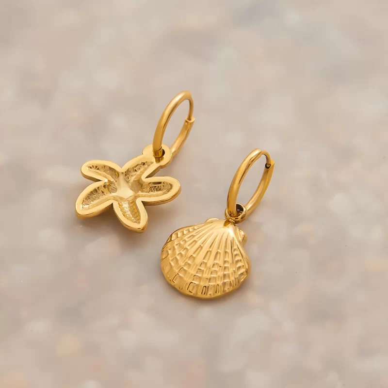 Ocean Shell Starfish Hammered Charm Holiday Beach 18K Real Gold Plated Stainless Steel Drop Earrings - Image 5