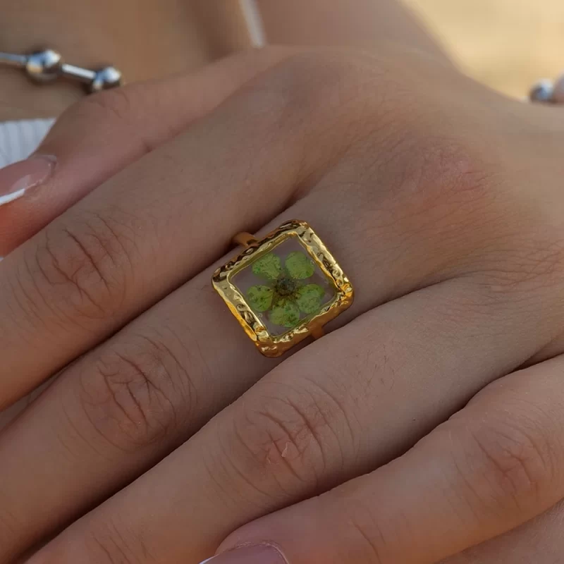 Dainty 18K Gold Plated Stainless Steel Square Shape Opening Real Colorful Eternal Plum Flower Ring for Girls - Image 2