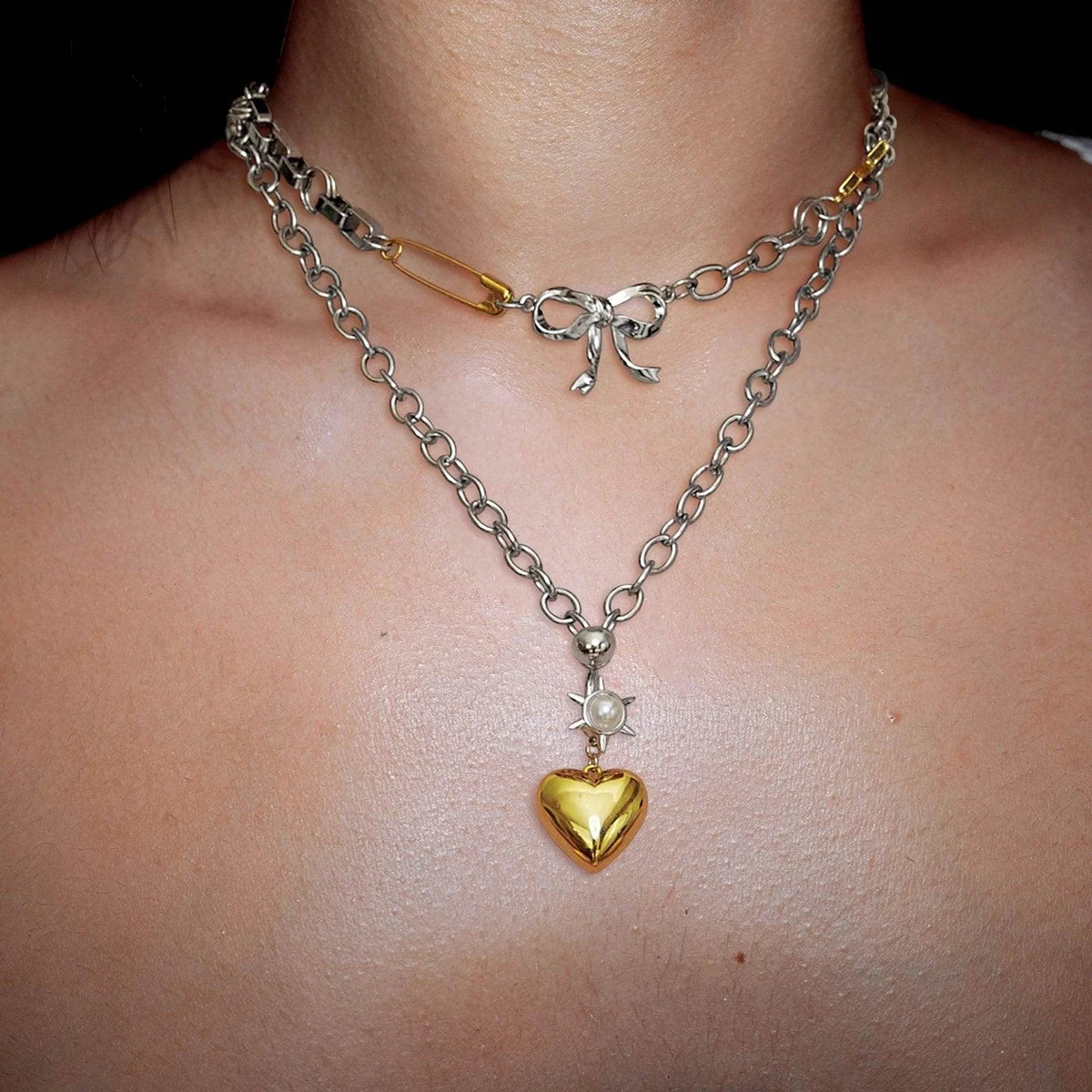 J&D Minimalist Chic 18K Gold Stainless Steel Mixed Box and Cross Chain Butterfly Star Bow Necklaces