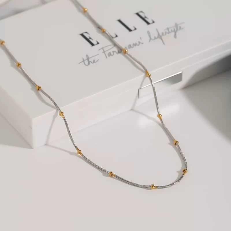 J&D 18K Gold Stainless Steel Elegant Fashion Jewelry Two-Tone Round Snake Chain Bead Necklace - Image 3