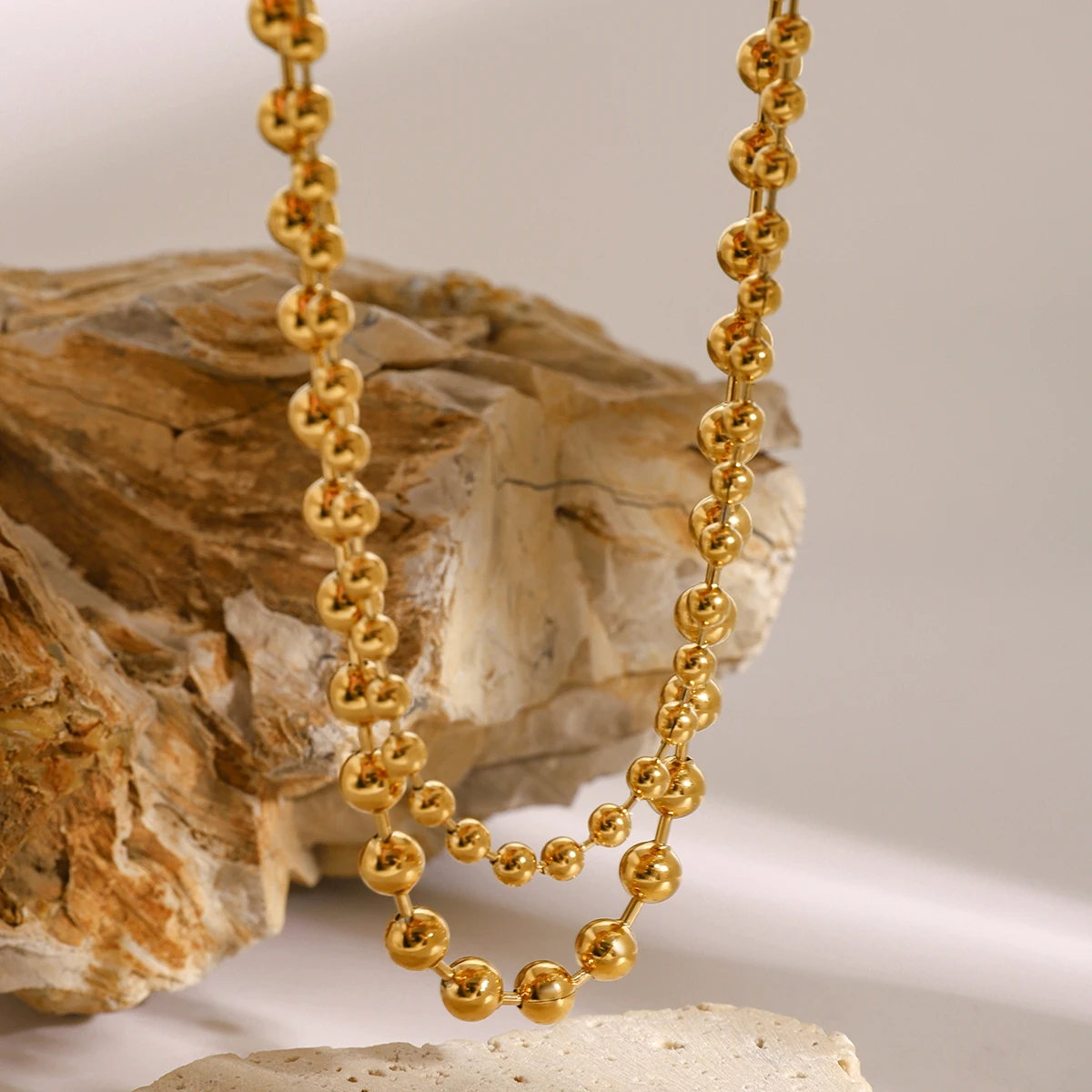 J&D 18K Gold Stainless Steel Beaded Double Layer Necklace Adjustable 38 41cm