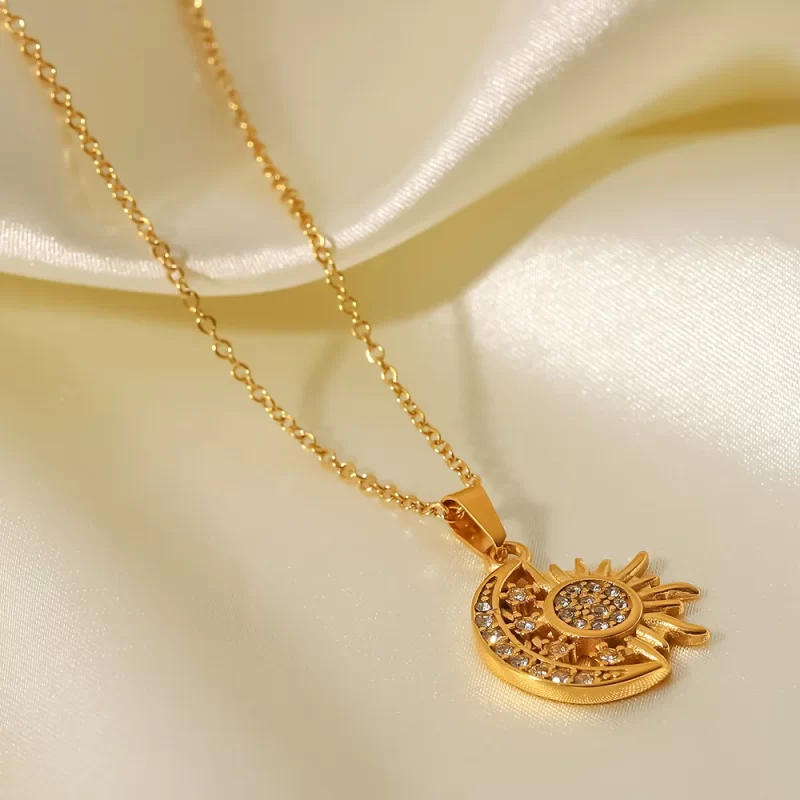 Stainless Steel Zircon Moon Sun Necklace Women 18K Gold Plated Moon Sunburst Pendant Necklace for Girls - Image 3