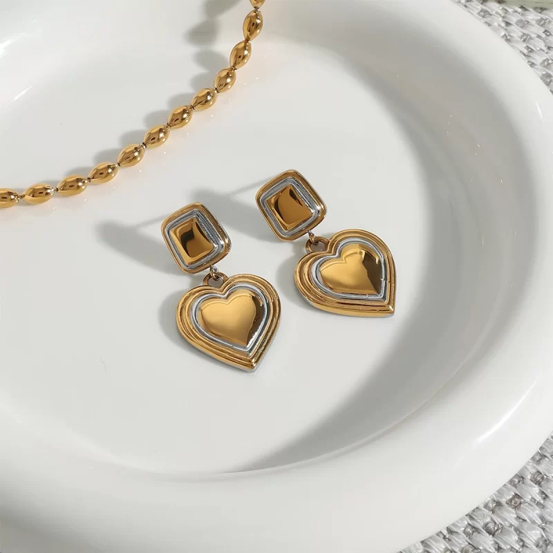 18K Gold Plated Waterproof Stainless Steel Chunky Hoop Huggie Heart Shape Pendant Earring Women - Image 4