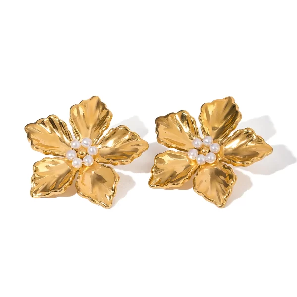 8k Gold Stainless Steel Faux Pearl Flower Earrings with Delicate Design Chic Everyday Wear Party Fashion Jewelry