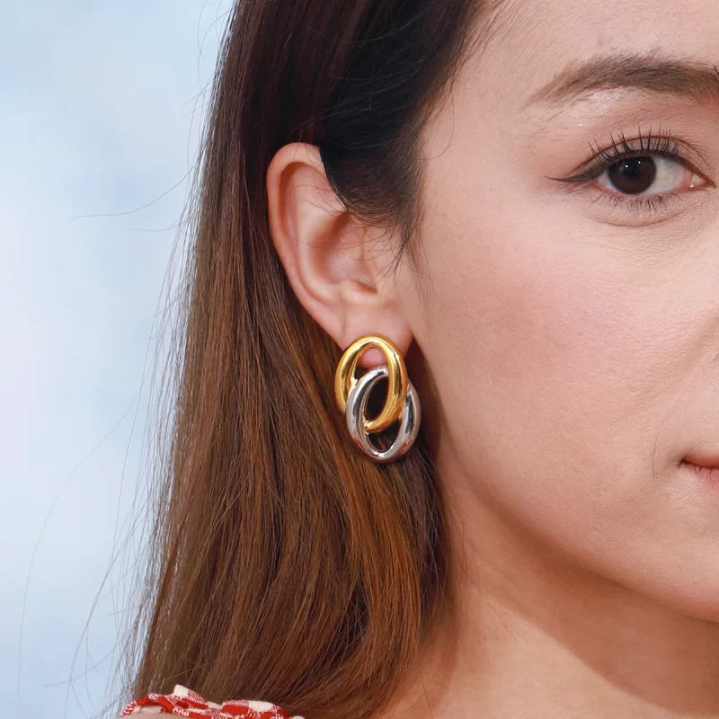 Jewelry 18K Gold Plated High Polished Stainless Steel Interlocking Oval Two Tone Stud Earrings - Image 3