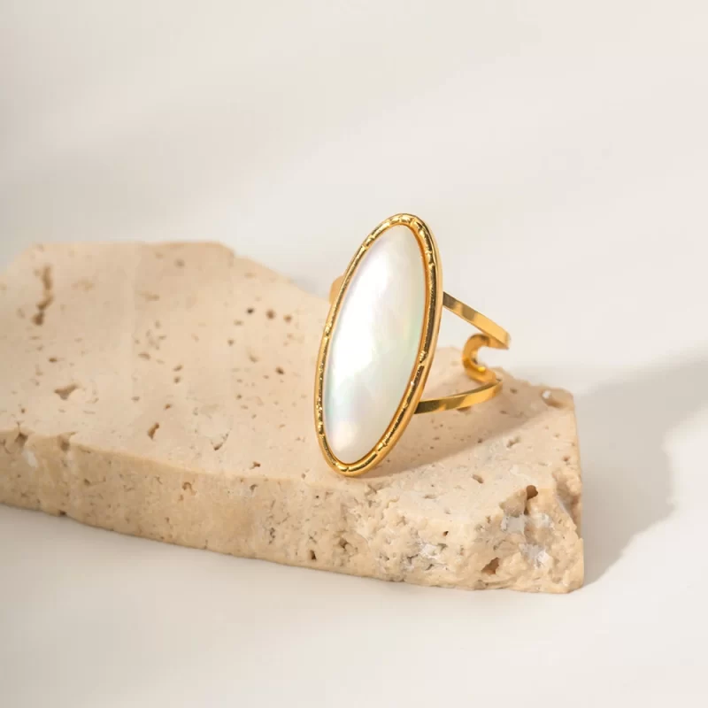 INS Style Waterproof Jewelry 18k Gold Plated Oval Geometry Natural White Shell Open Ring for Women - Image 2