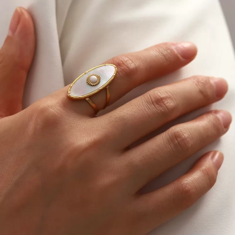 Oval Round Natural Shell Pearl 18K PVD Gold Plated Stainless Steel Opening Rings Women Jewelry - Image 3