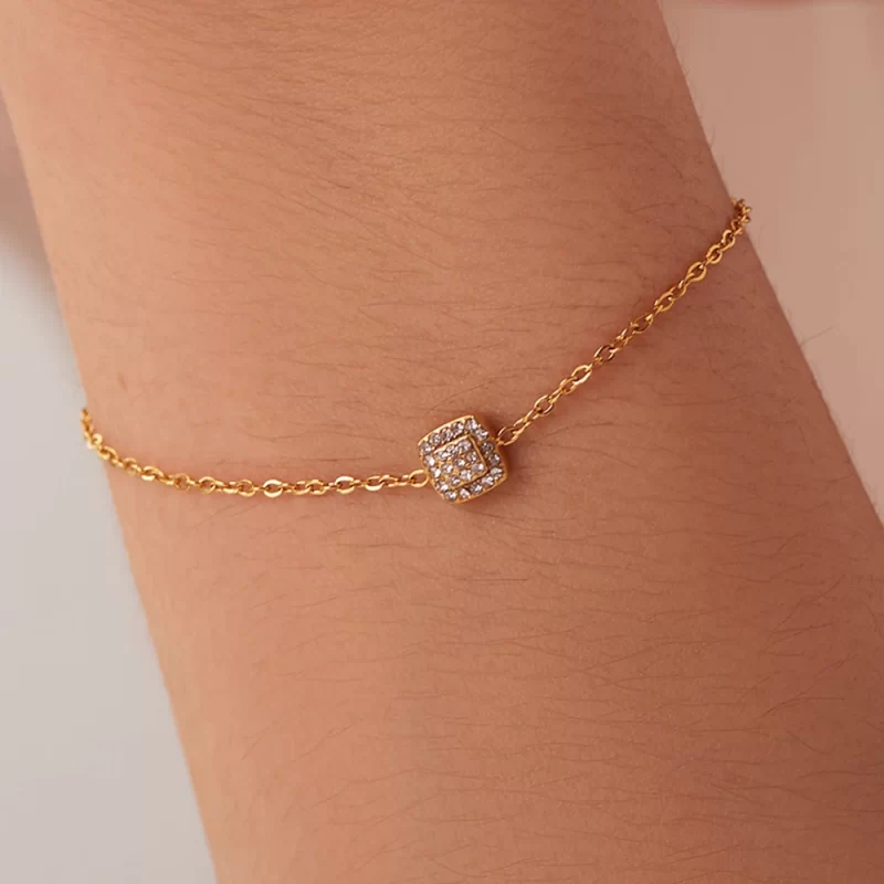 Thin Chain Charm18K Gold Plated Stainless Steel Square Pendant Cubic Zirconia Bracelet Women - Image 2
