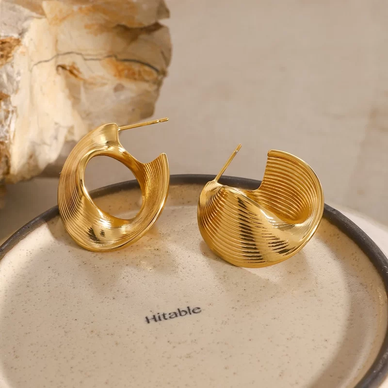 Vintage Irregularity Twist Rib Design Earring 18k Gold Plated Stainless Steel Waterproof Earring for Women - Image 4