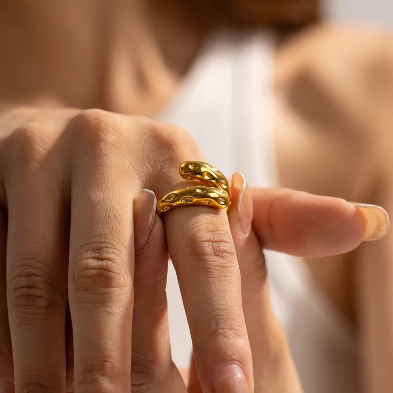 Hammer Irregular Chunky Style Open Ring 18K Gold Plated Stainless Steel Lava Clean Fit Ring for Women - Image 3