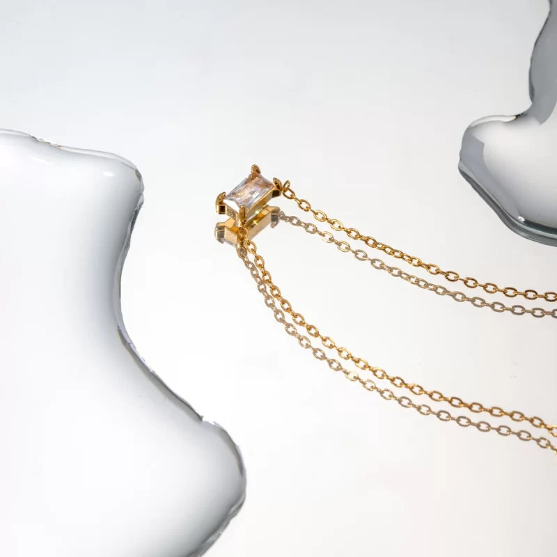 J&D Jewelry Dainty 18K Gold Plated Stainless Steel Rectangle CZ Zirconia Pendant Necklace for Women - Image 2