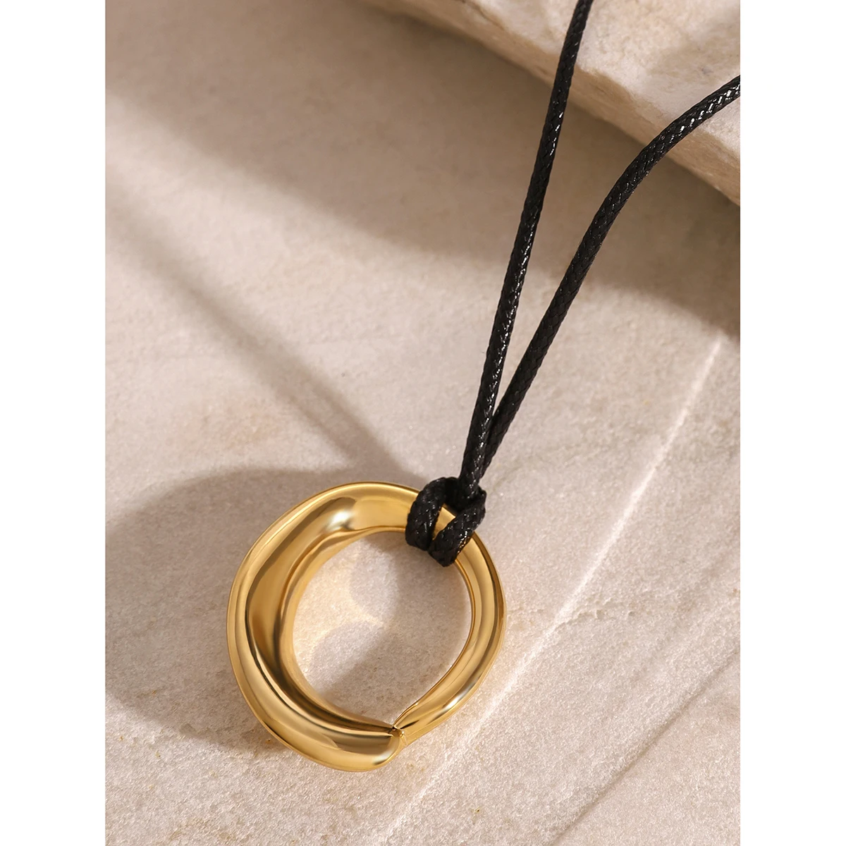 J&D 18k Stainless Steel Unique Irregular Concave Hollow Pendant Statement Necklace Black Wax Rope 75cm