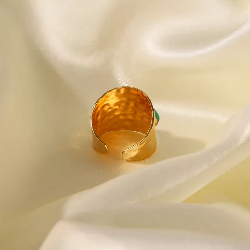 3 Irregular Green Natural Stone Chunky Hammered 18K Gold Plated Stainless Steel Opening Ring - Image 4