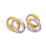 Jewelry 18K Gold Plated High Polished Stainless Steel Interlocking Oval Two Tone Stud Earrings