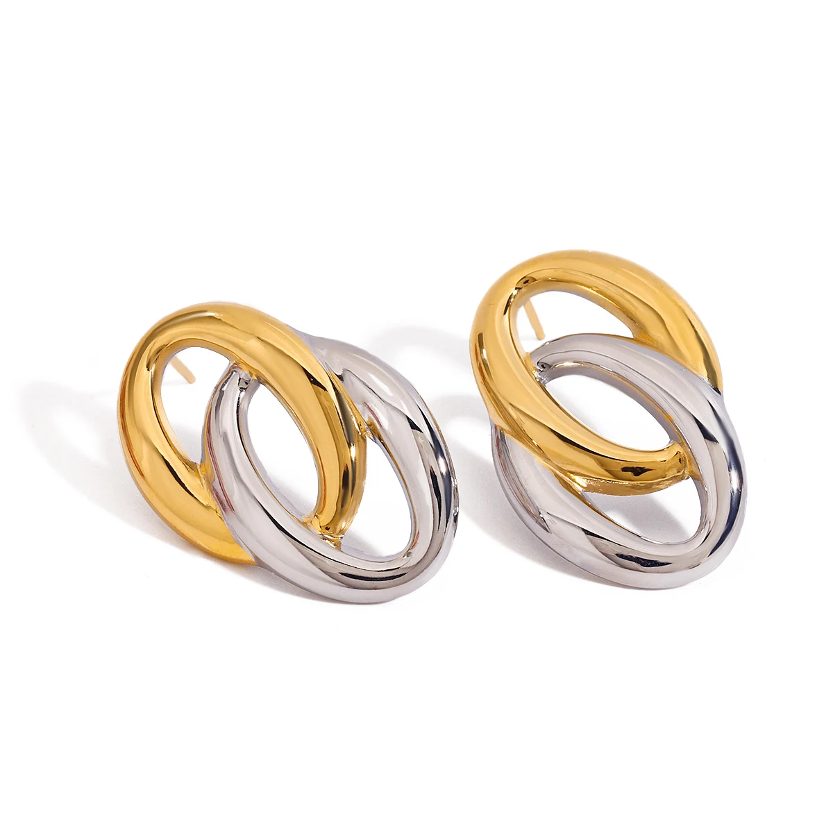 Jewelry 18K Gold Plated High Polished Stainless Steel Interlocking Oval Two Tone Stud Earrings