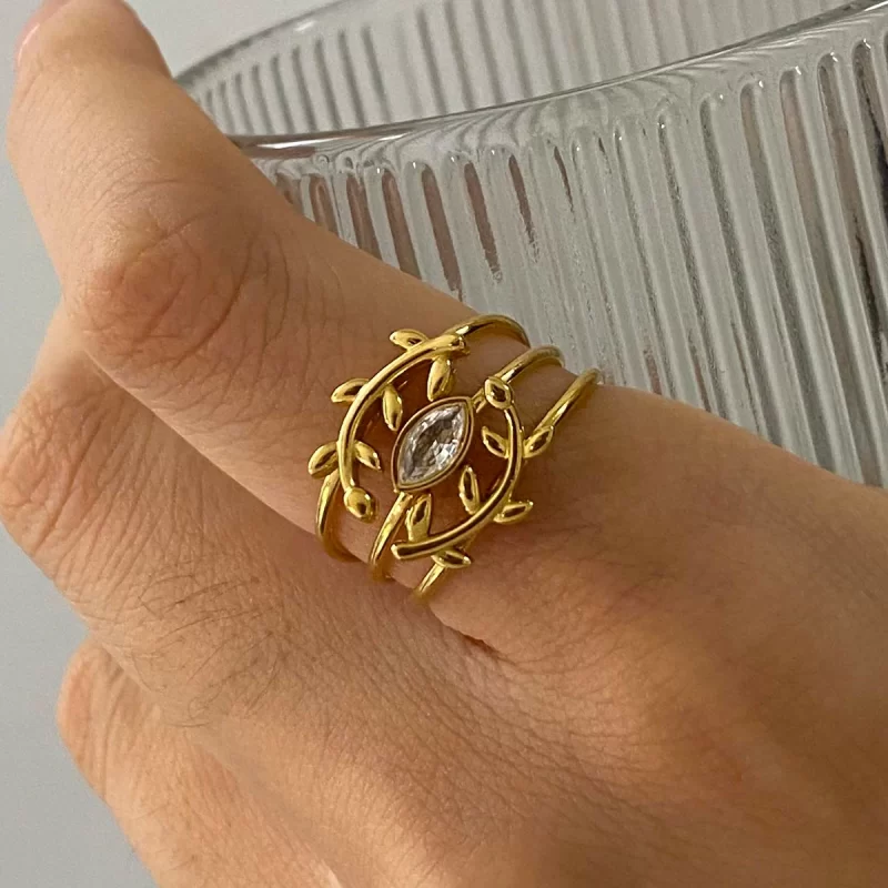 J&D 18K Gold Stainless Steel White Diamond Marquise Shaped Diamond and Leaf Eye Stackable Rings Set - Image 2