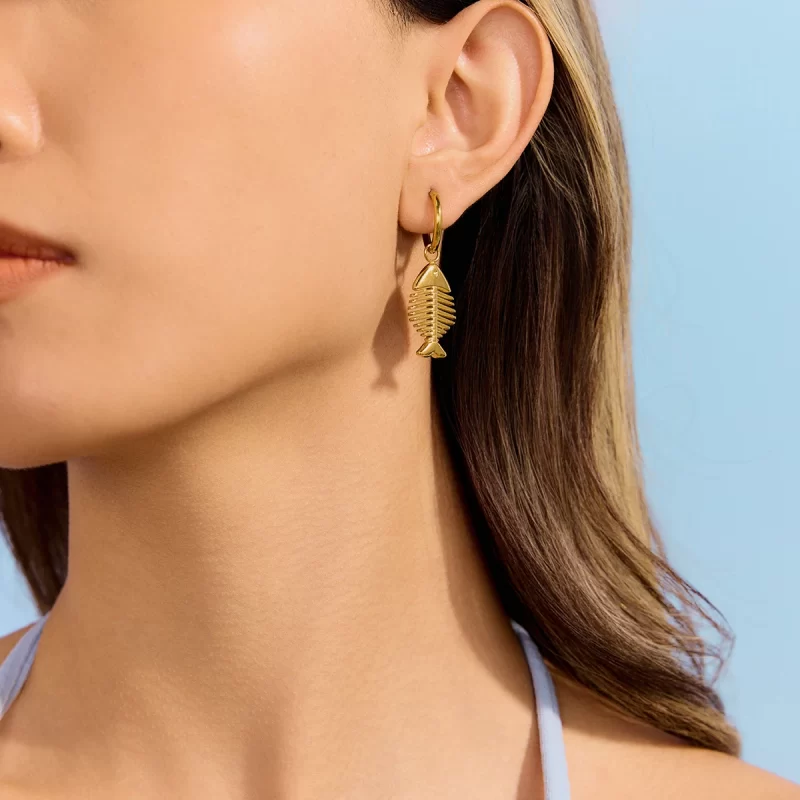 18K Gold Plated Stainless Steel Ocean Beach Summer Jewelry Sea Fish Bone Pendant Earrings - Image 3