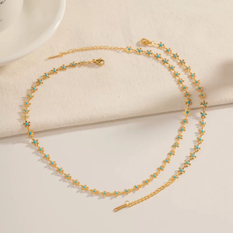 Ins Popular Stainless Steel Flower Shape Chain Light Blue Oil Dripping Enamel Flower Charm Bracelet Necklace - Image 3